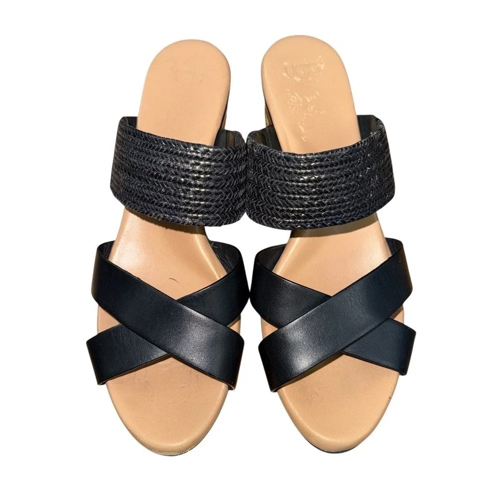 UGG Adriana Wedge Sandals Womens 8.5 Espadrille Slide Black Leather Braided Logo